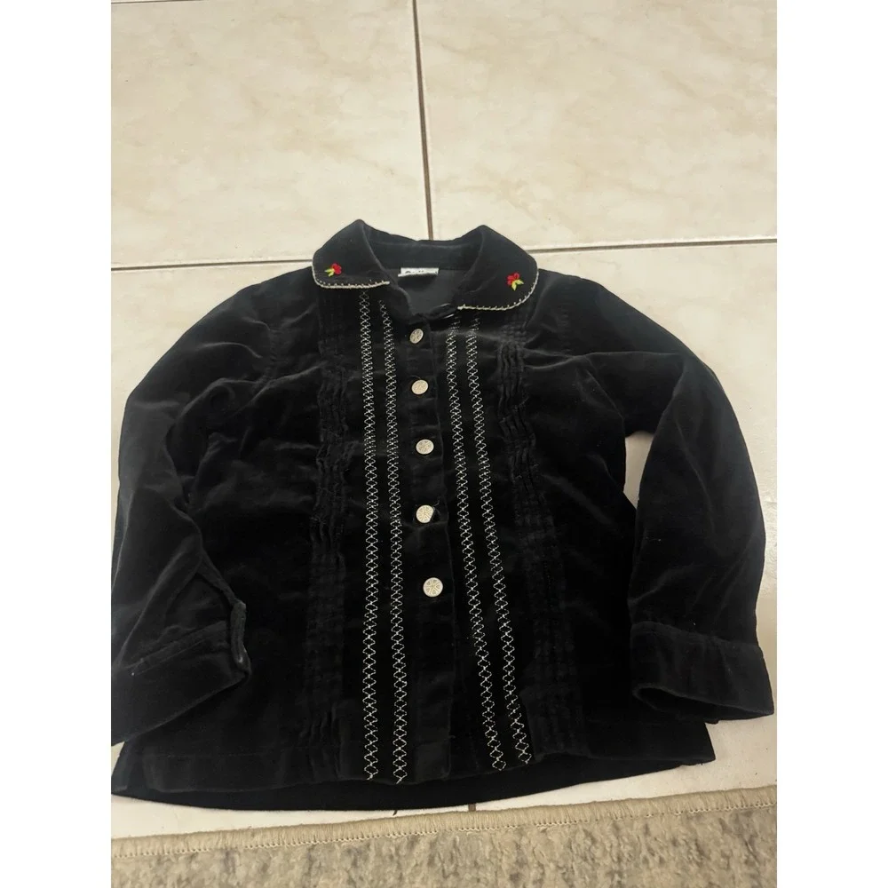OshKosh B'gosh Girls 7 Black Velvet Holly Berry Embroidered Holiday Jacket Vtg